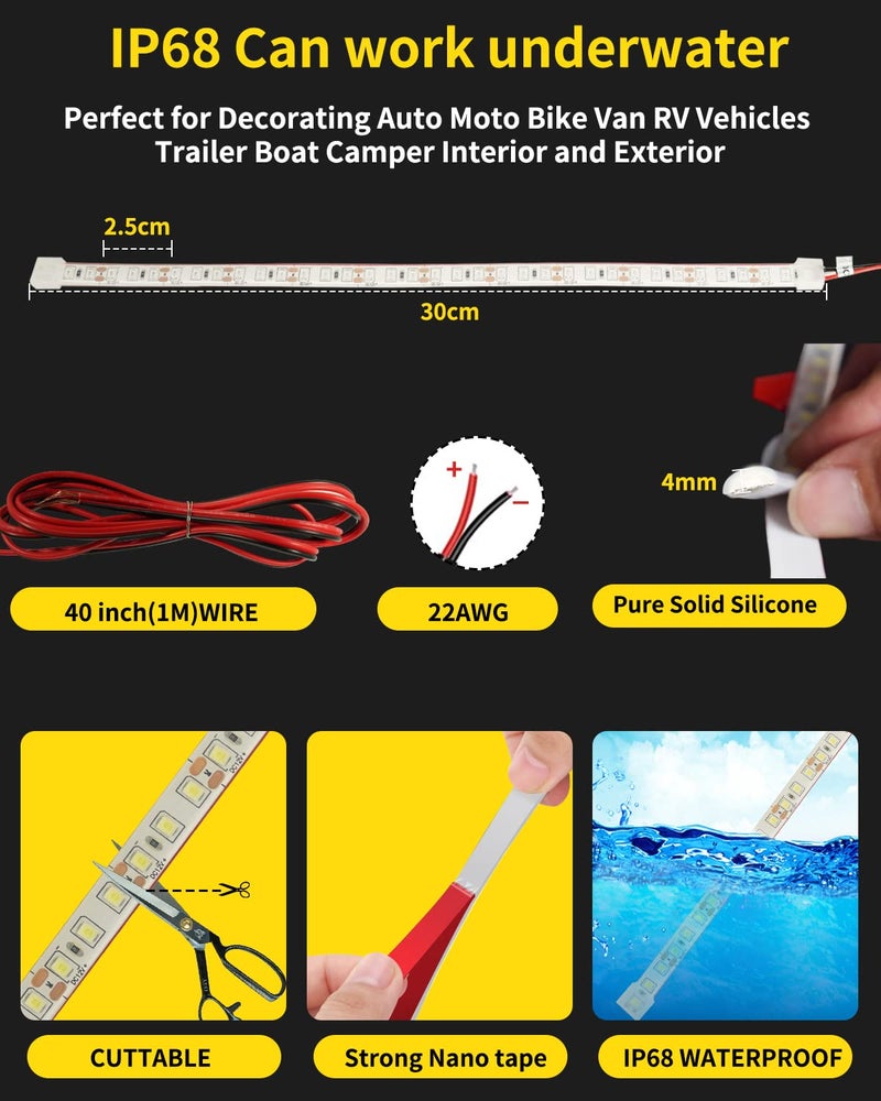 YM EBright YM E-Bright Golf Cart Light 30CM 36SMD DC12V Waterproof LED Strip for Car Interior & Exterior Decoration DRL Day Running Light,White(Pack of 4) - Image 5